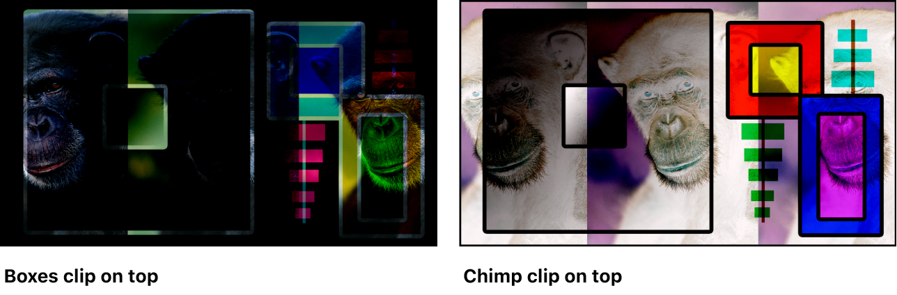 Zwei Versionen der Bilder mit Boxen und Schimpansen, die mit der Füllmethode „Subtrahieren“ überblendet wurden. Ein Bild zeigt den Clip mit den Boxen oben und das andere den Clip mit dem Schimpansen oben.