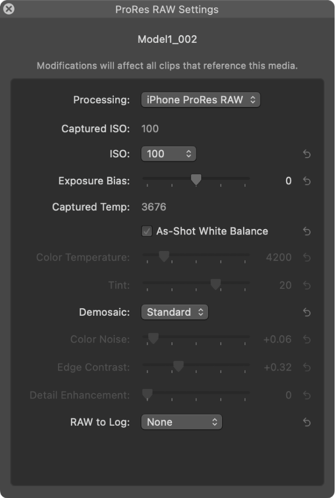 Das Fenster für die ProRes RAW-Einstellungen mit den Einstellungen für die iPhone ProRes RAW-Konvertierung