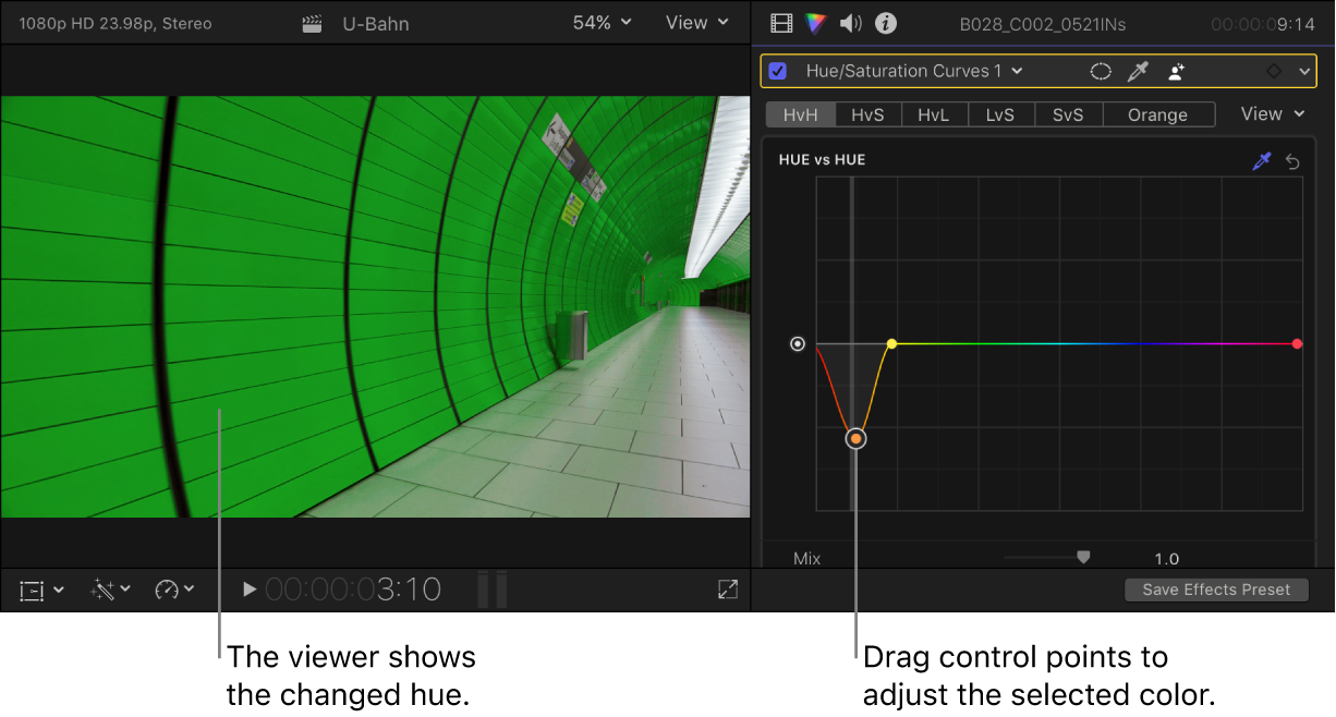 The viewer on the left showing the changed hue, and the Color inspector on the right showing control points on the Hue vs Hue curve