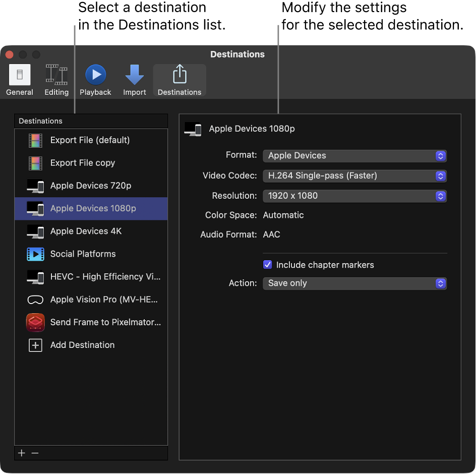 The Destinations pane of the Final Cut Pro Settings window showing the Apple Devices 1080p destination selected in the list on the left
