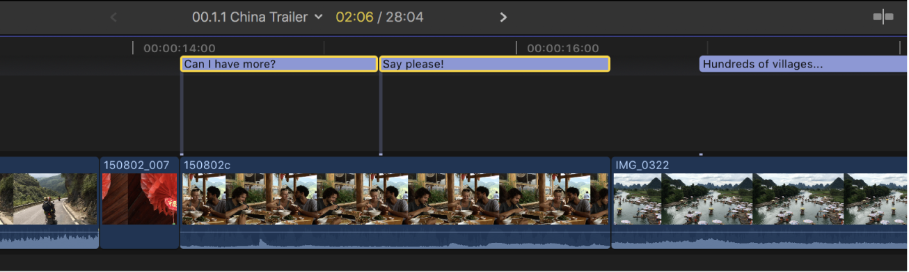 The timeline showing two side-by-side closed caption clips that don’t overlap and are no longer red