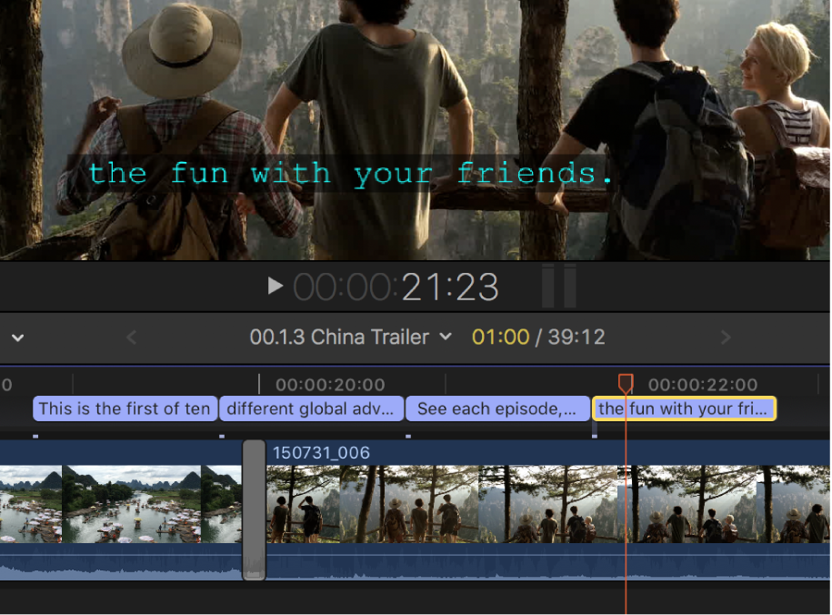 A single-line closed caption in the viewer, and four abutting single-line closed captions in the timeline