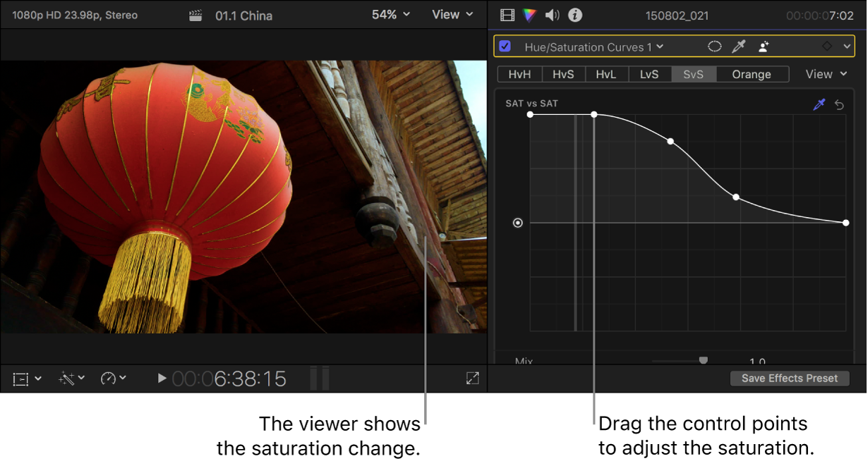 The viewer on the left showing the saturation change, and the Color inspector on the right showing adjusted control points on the Sat vs Sat curve