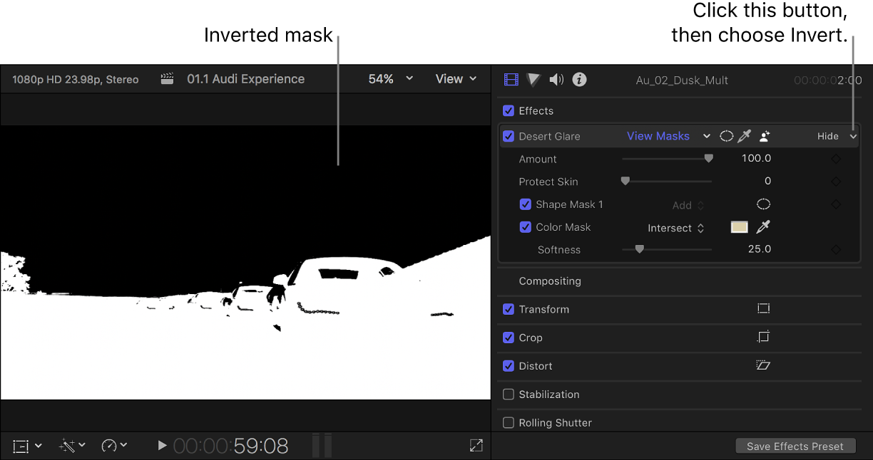 The viewer on the left showing an inverted mask alpha channel, and the Video inspector on the right showing the pop-up menu to the right of the effect name