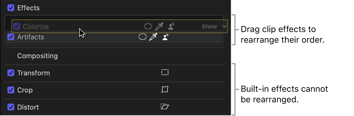 An effect in the Video inspector being dragged to a new position