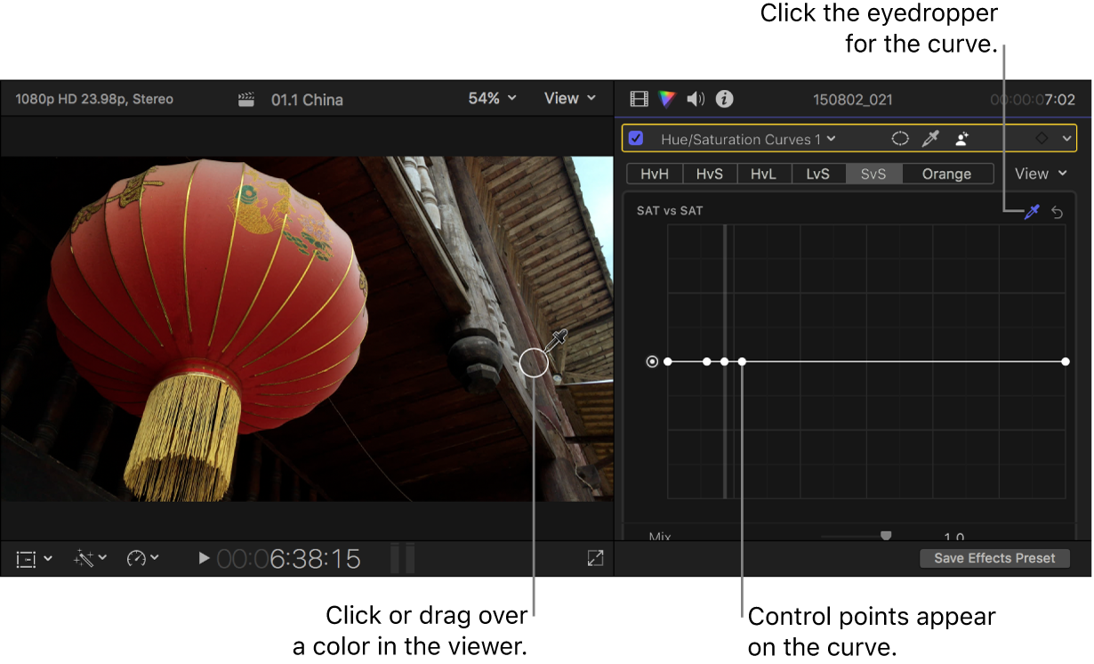 The eyedropper positioned over a color in the viewer, and the Color inspector showing control points on the Sat vs Sat curve