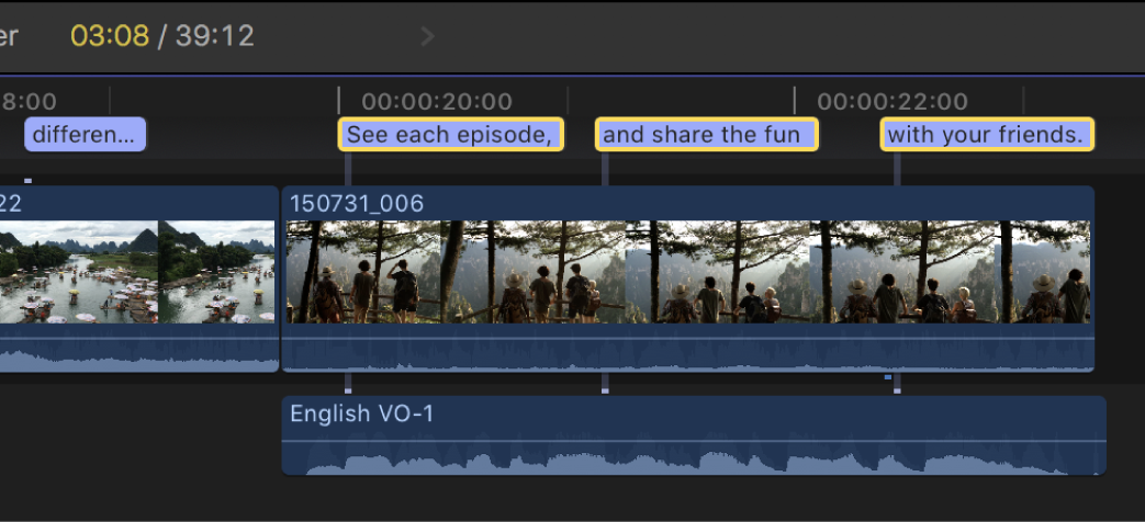 Three selected closed captions in a row in the timeline