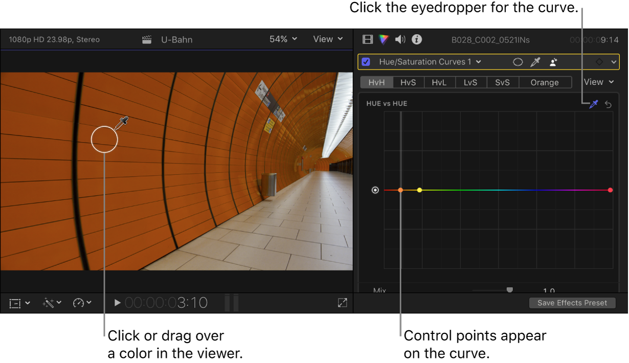 The viewer on the left with the eyedropper over a color in the image, and the Color inspector on the right showing the Hue vs Hue controls