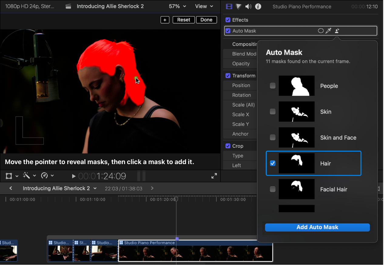 The viewer on the left showing the highlighted mask area, and the Video inspector on the right showing the Auto Mask menu with a mask selected