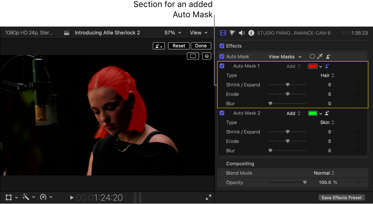 The viewer on the left showing the highlighted mask area, and the Video inspector on the right showing an Auto Mask applied that masks the subject’s hair