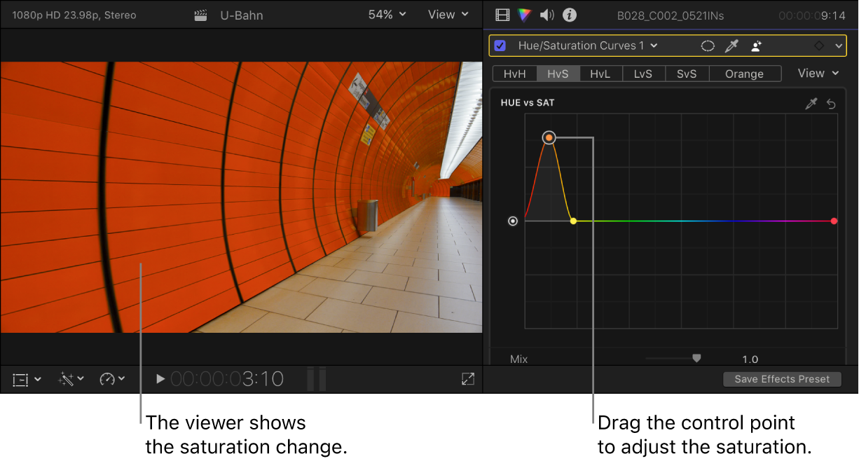 The viewer on the left showing the saturation change, and the Color inspector on the right showing control points on the Hue vs Sat curve