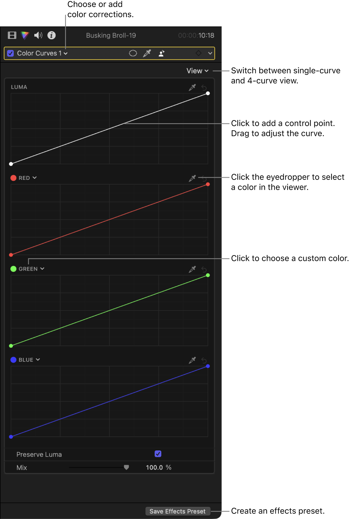 The Color inspector showing color curves in the Color Curves effect