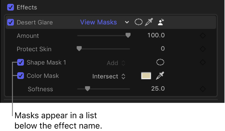 The Effects section of the Video inspector showing a shape mask and a color mask added to an effect
