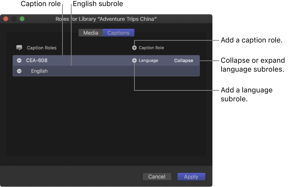 The Captions pane of the role editor showing a CEA-608 closed caption role with an English subrole