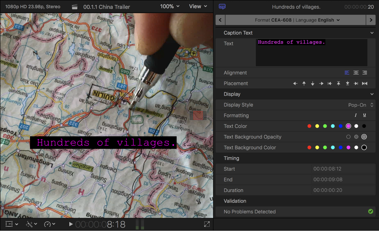 The viewer and the Closed Caption inspector showing closed caption text formatting controls