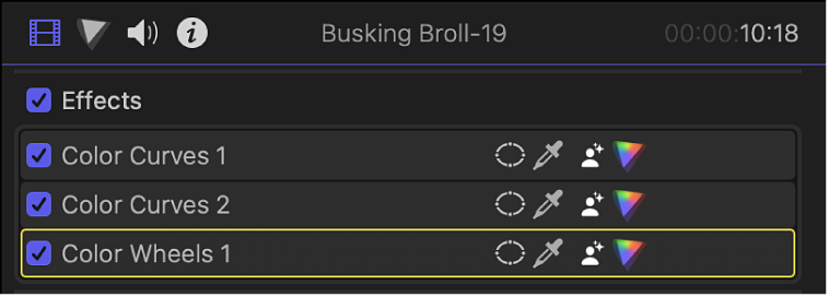 Color correction effects in the Effects section of the Video inspector