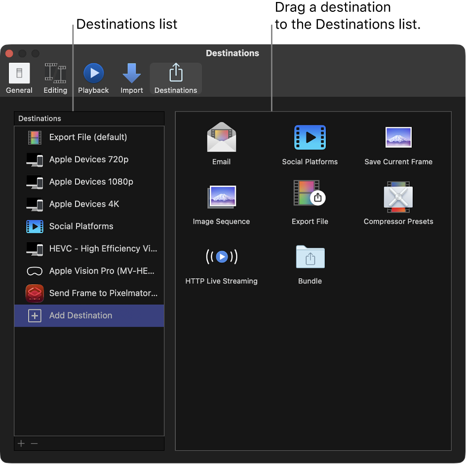 The Destinations pane of the Final Cut Pro Settings window showing Add Destination selected in the list on the left