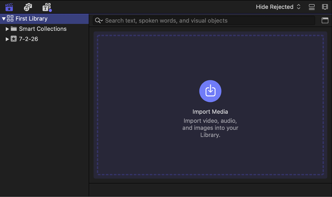 The Libraries sidebar with a library and one event, and the browser with the Import Media button