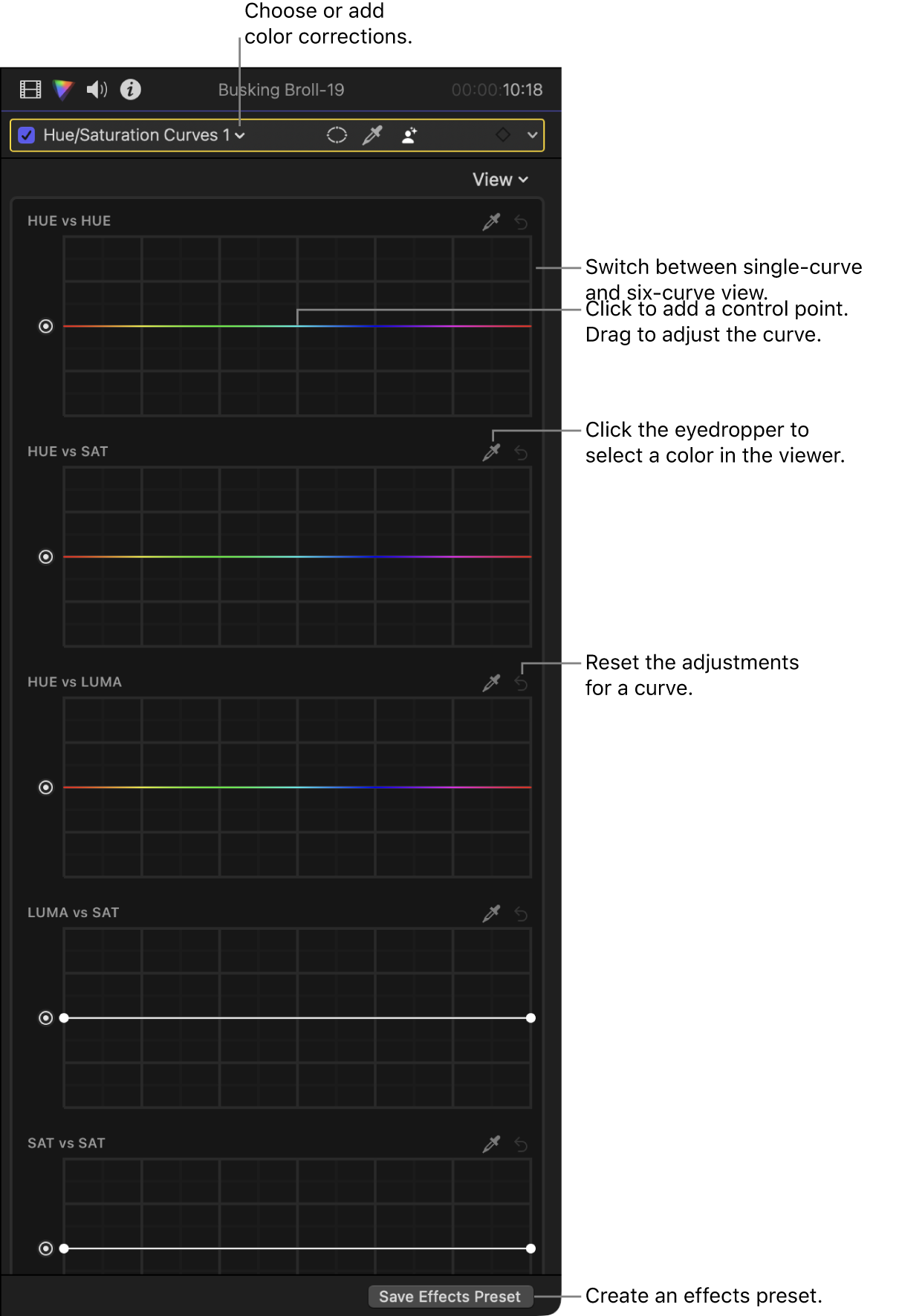 Hue and saturation curves in the Color inspector