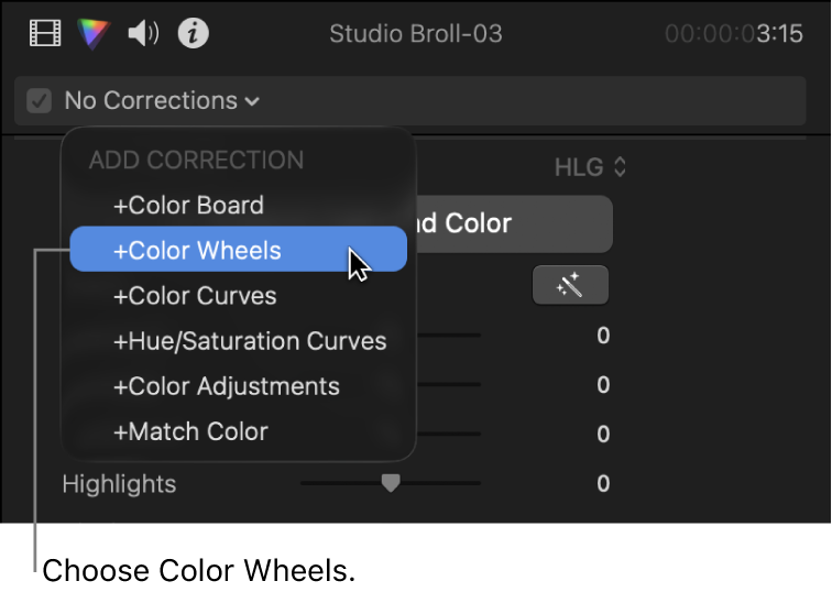 Color Wheels being chosen from the Add Correction section of the pop-up menu at the top of the Color inspector