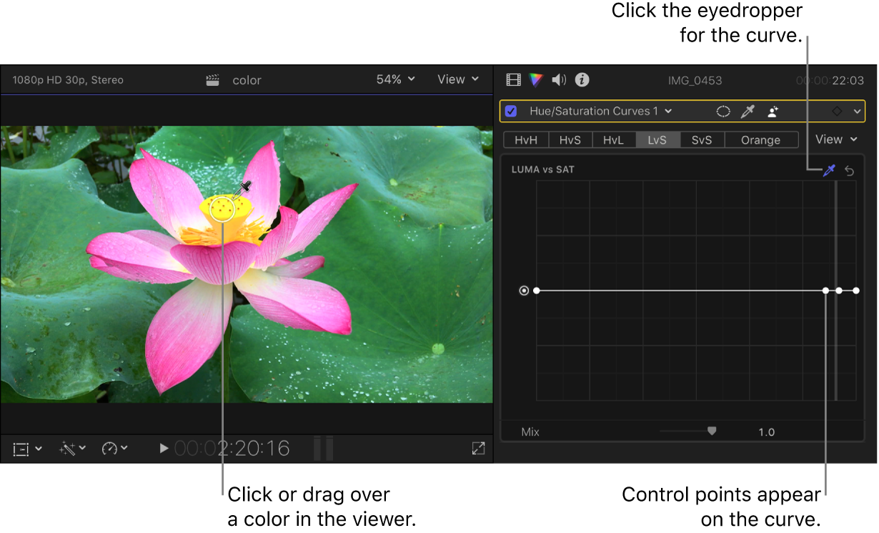 The eyedropper positioned over a color in the viewer, and the Color inspector showing control points on the Luma vs Sat curve