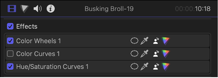 Color correction effects in the Effects section of the Video inspector, with checkboxes on the left for turning the corrections on or off