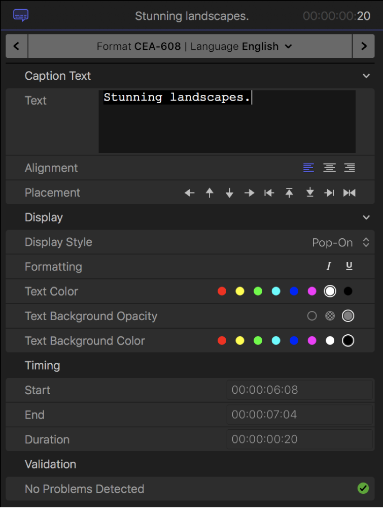 The Closed Caption inspector showing closed caption text formatting controls for the CEA-608 format