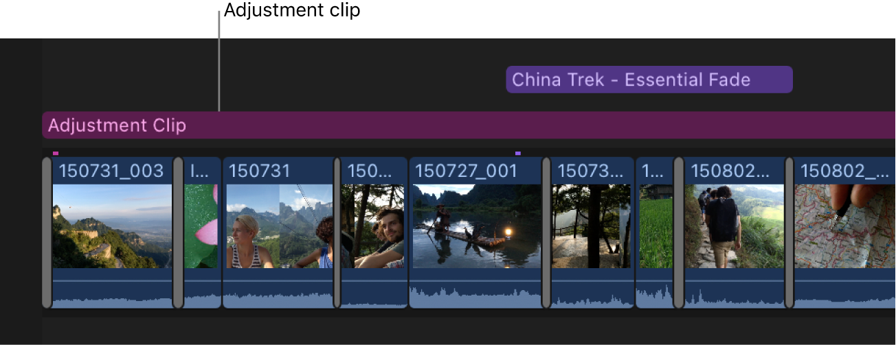 The timeline showing an adjustment clip connected above clips in the primary storyline