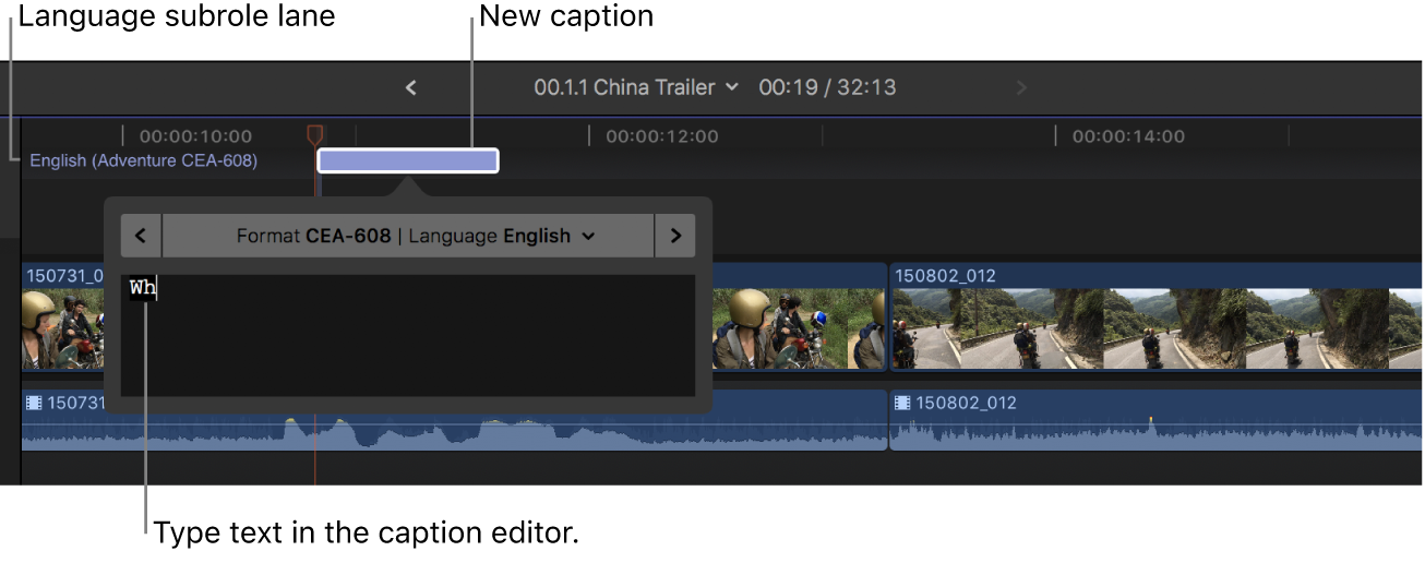 Text being typed in the closed caption editor in the timeline