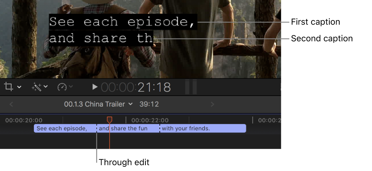 The timeline showing abutting Roll-Up closed caption clips with through edits between them, and the viewer showing the first closed caption and part of the second