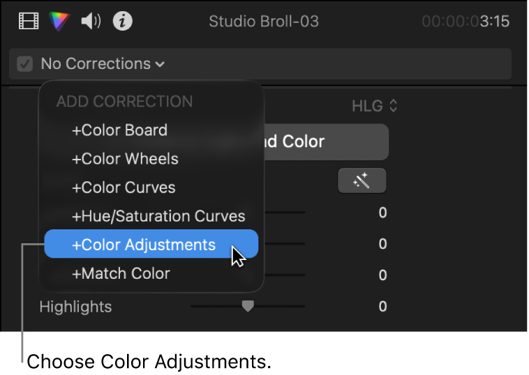 The Color Adjustments effect being chosen from the Add Correction section of the pop-up menu at the top of the Color inspector