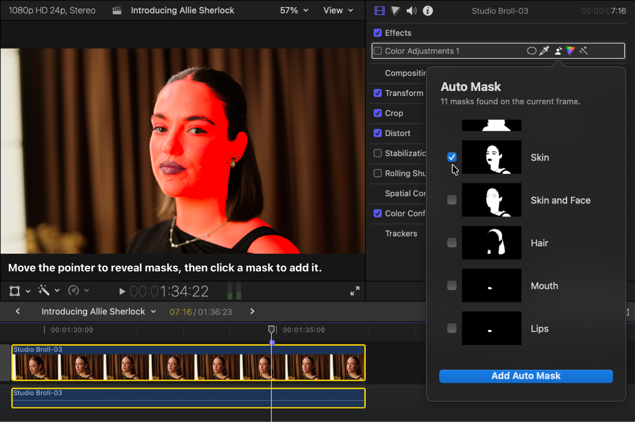 The viewer on the left showing the selected mask highlighted, and the Video inspector on the right showing the Auto Mask menu with a mask selected