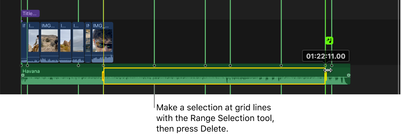The timeline showing the Range Selection tool being used to select a section of a music clip between song part markers