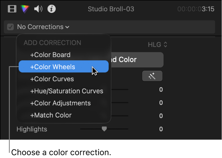 The Add Correction section of the pop-up menu at the top of the Color inspector, showing color correction effects