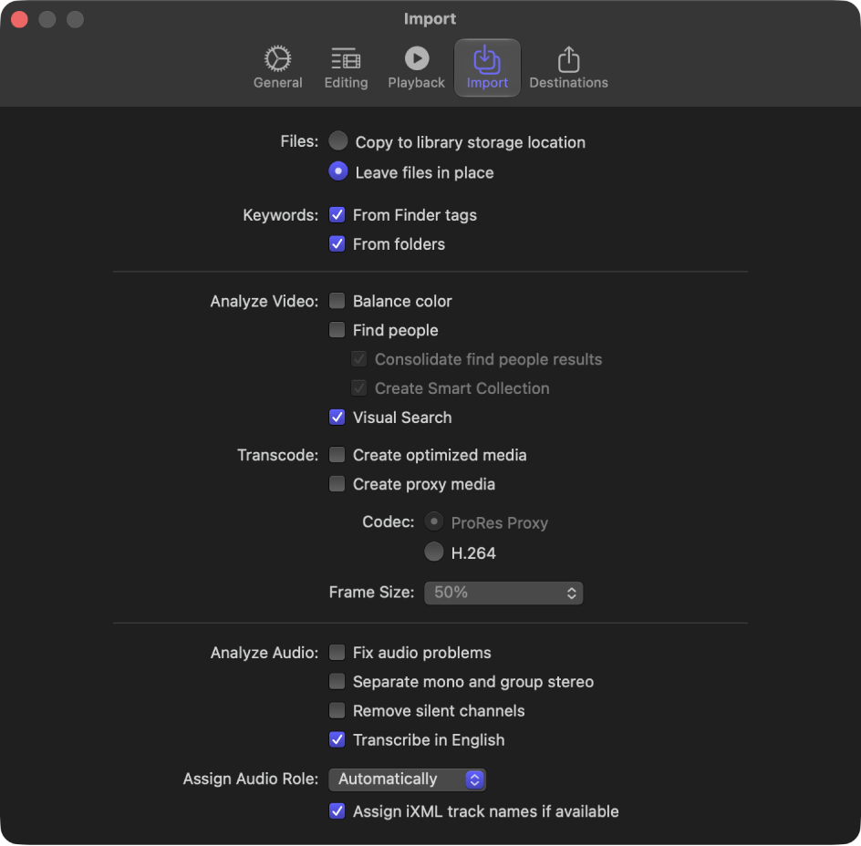 The Import pane of the Final Cut Pro Settings window