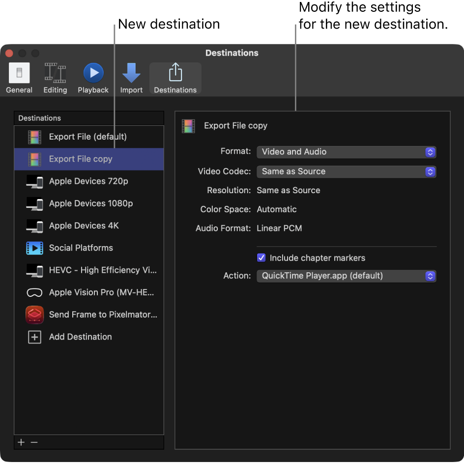 The Destinations pane of the Final Cut Pro Settings window showing a duplicated Export File destination selected in the list on the left