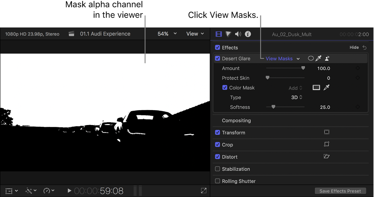 The viewer on the left showing a clip’s color mask alpha channel, and the Video inspector open on the right