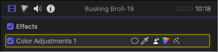 A Color Adjustments effect in the Effects section of the Video inspector