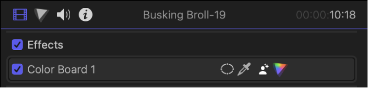 A Color Board effect in the Effects section of the Video inspector