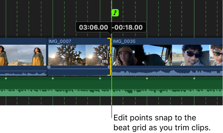 A timeline clip being trimmed to a beat, with the beat grid line highlighted in bright green