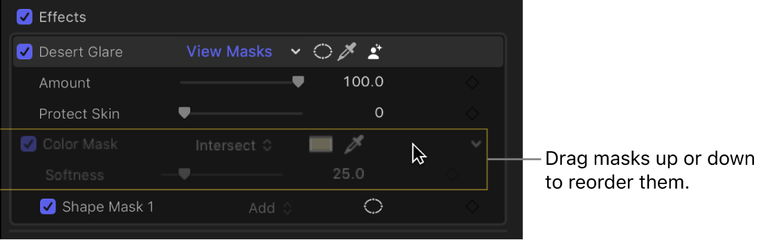 The Effects section of the Video inspector showing a color mask being dragged to a different position in the list