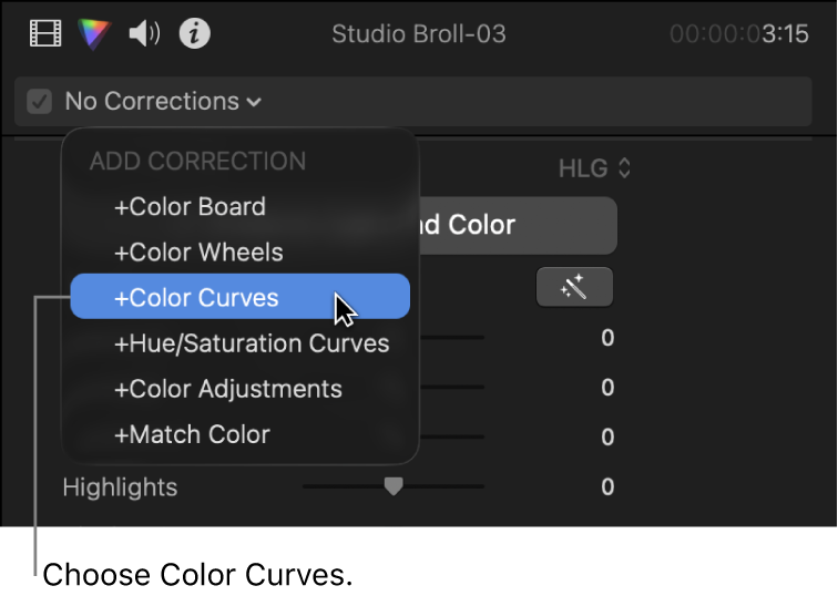 Color Curves being chosen from the Add Correction section of the pop-up menu at the top of the Color inspector