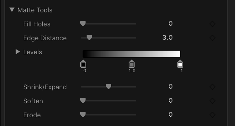 Controles “Herramientas de mate” del inspector de vídeo