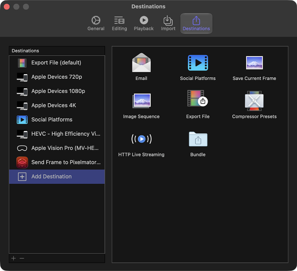 El panel Destinos de la ventana Ajustes de Final Cut Pro