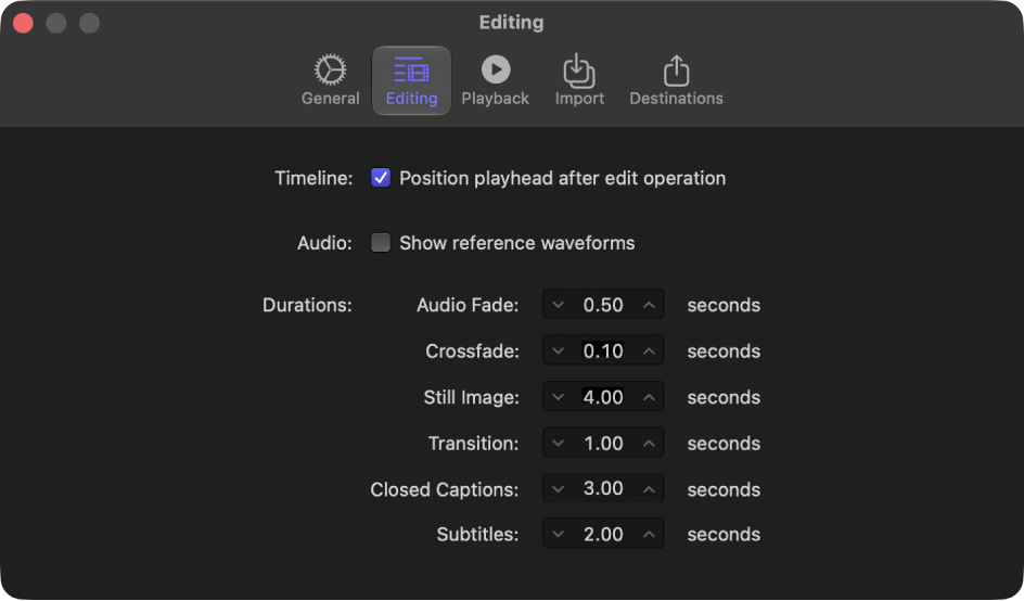 El panel Edición de la ventana Ajustes de Final Cut Pro