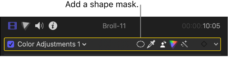 La parte superior del inspector de color, con una corrección de color y el botón “Añadir máscara de figura”