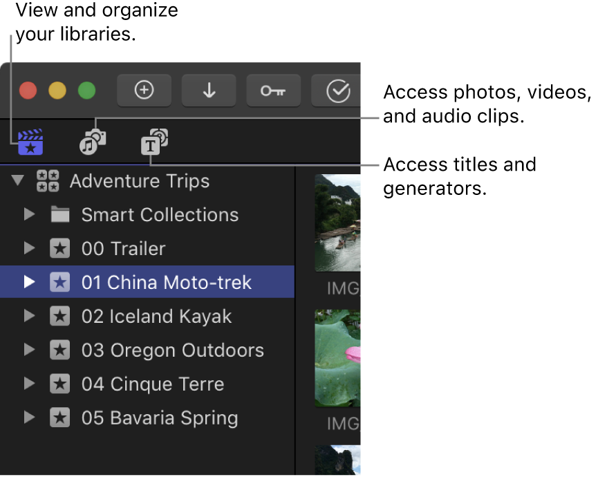 Los tres botones de la esquina superior izquierda de la ventana de Final Cut Pro para abrir paneles de la barra lateral