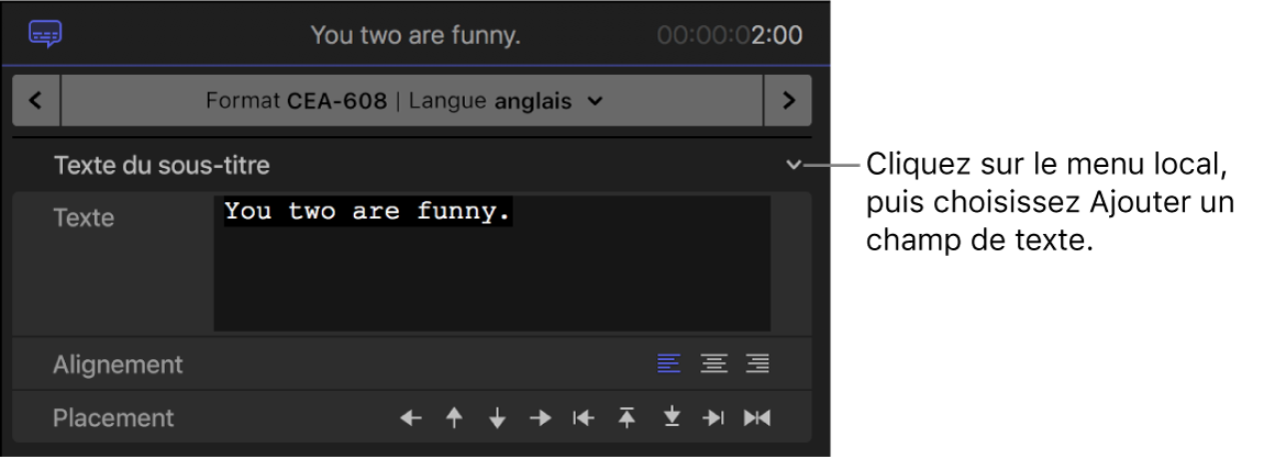 Inspecteur de sous-titres codés affichant le menu local situé complètement à droite de l’en-tête « Texte du sous-titre »