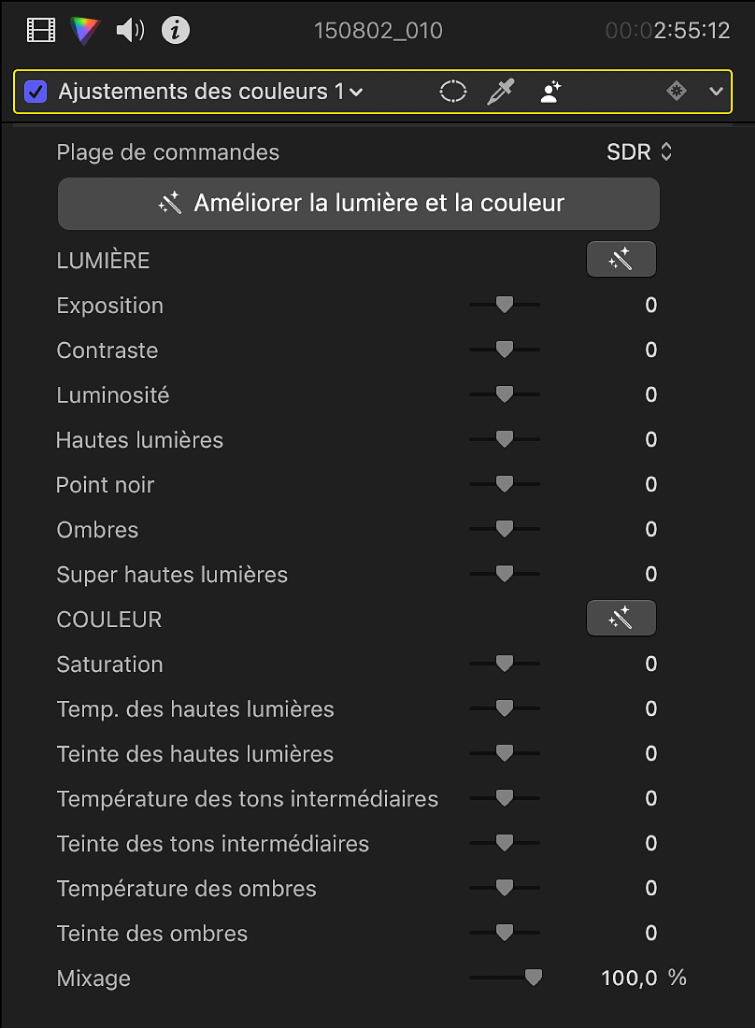 Inspecteur de couleur montrant les commandes de l’effet Ajustements des couleurs