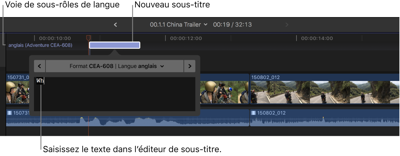 Texte en cours de saisie dans l’éditeur de sous-titres codés de la timeline
